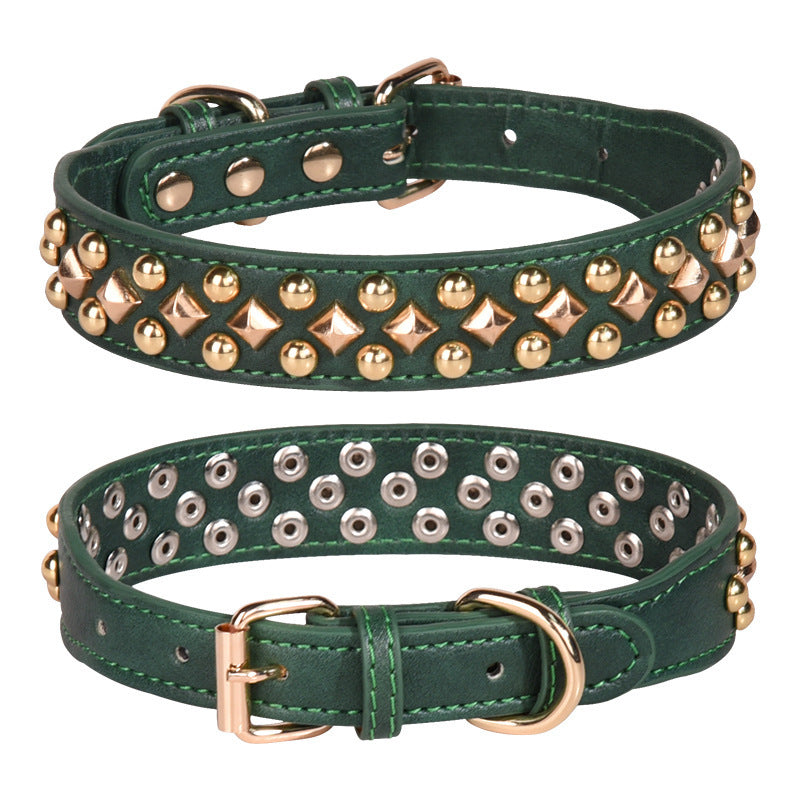 Rivet Leather Golden Pet Dog Collar - Retro Style, Durable and Stylish for Dogs